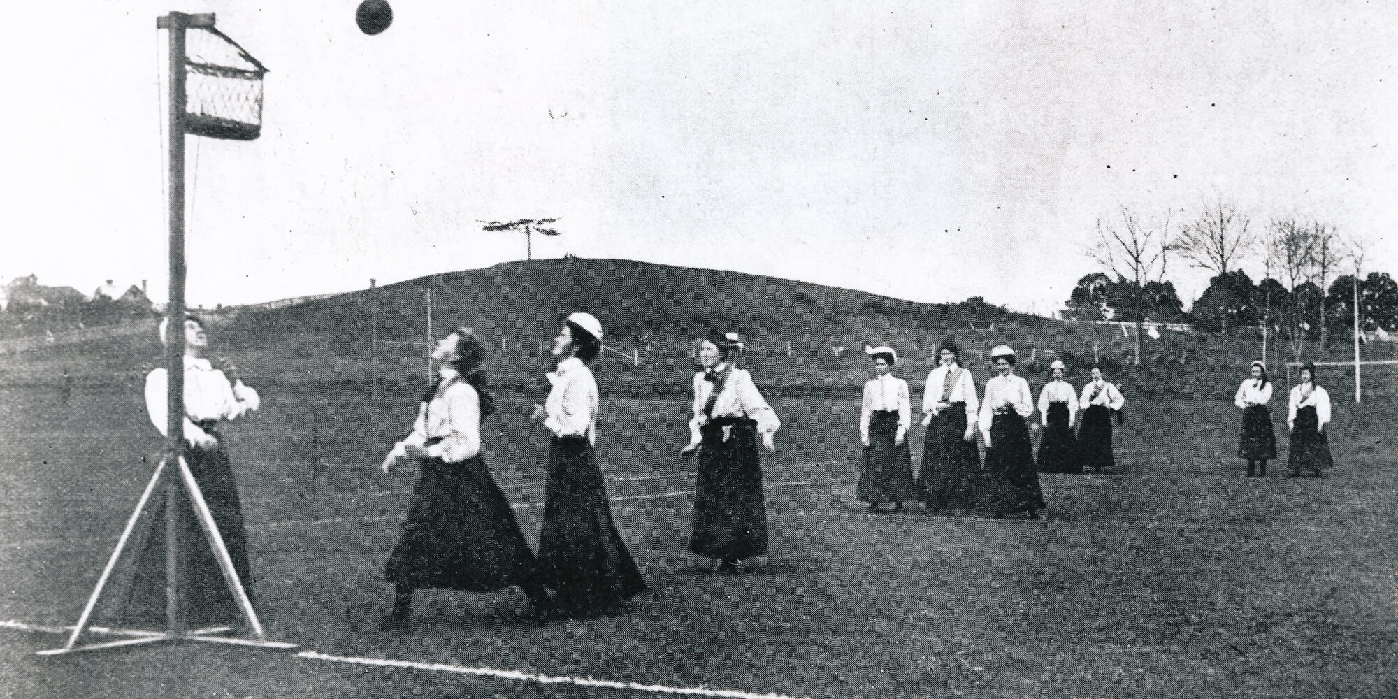 St Luke's Ladies Bible Class team playing basketball in the Auckland Domain 1908